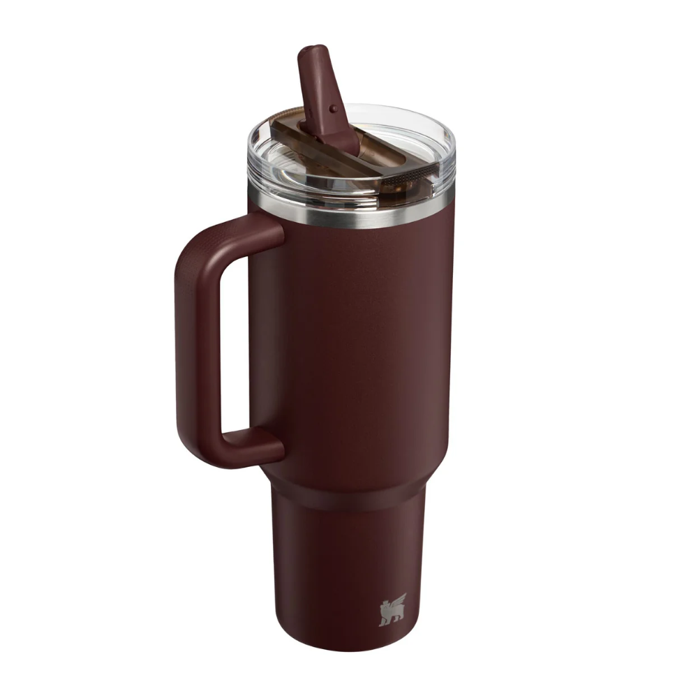 A dark brown vacuum-insulated tumbler with a matching handle and clear lid, shown on a plain white background.