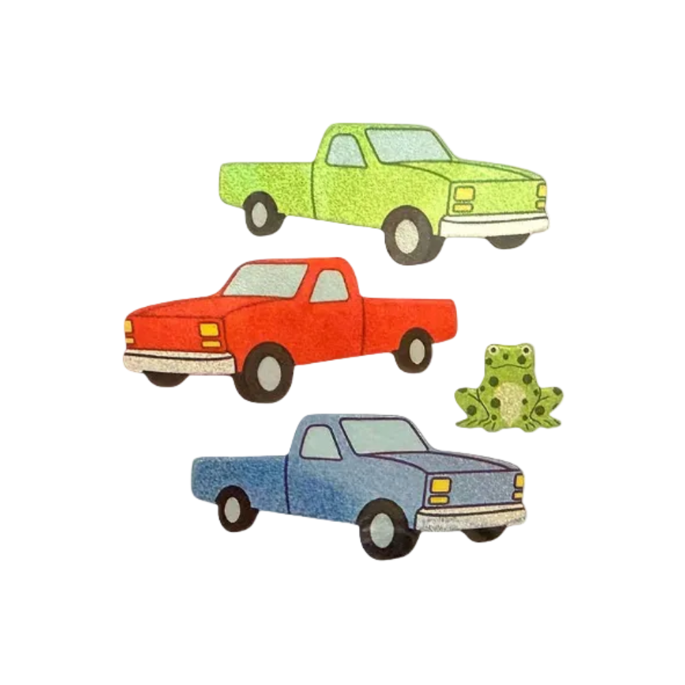 A set of three textured, hand-drawn style illustrations on a white background: a light green pickup truck at the top, a red pickup truck in the middle, a blue pickup truck at the bottom, and a green-and-white frog on the right.