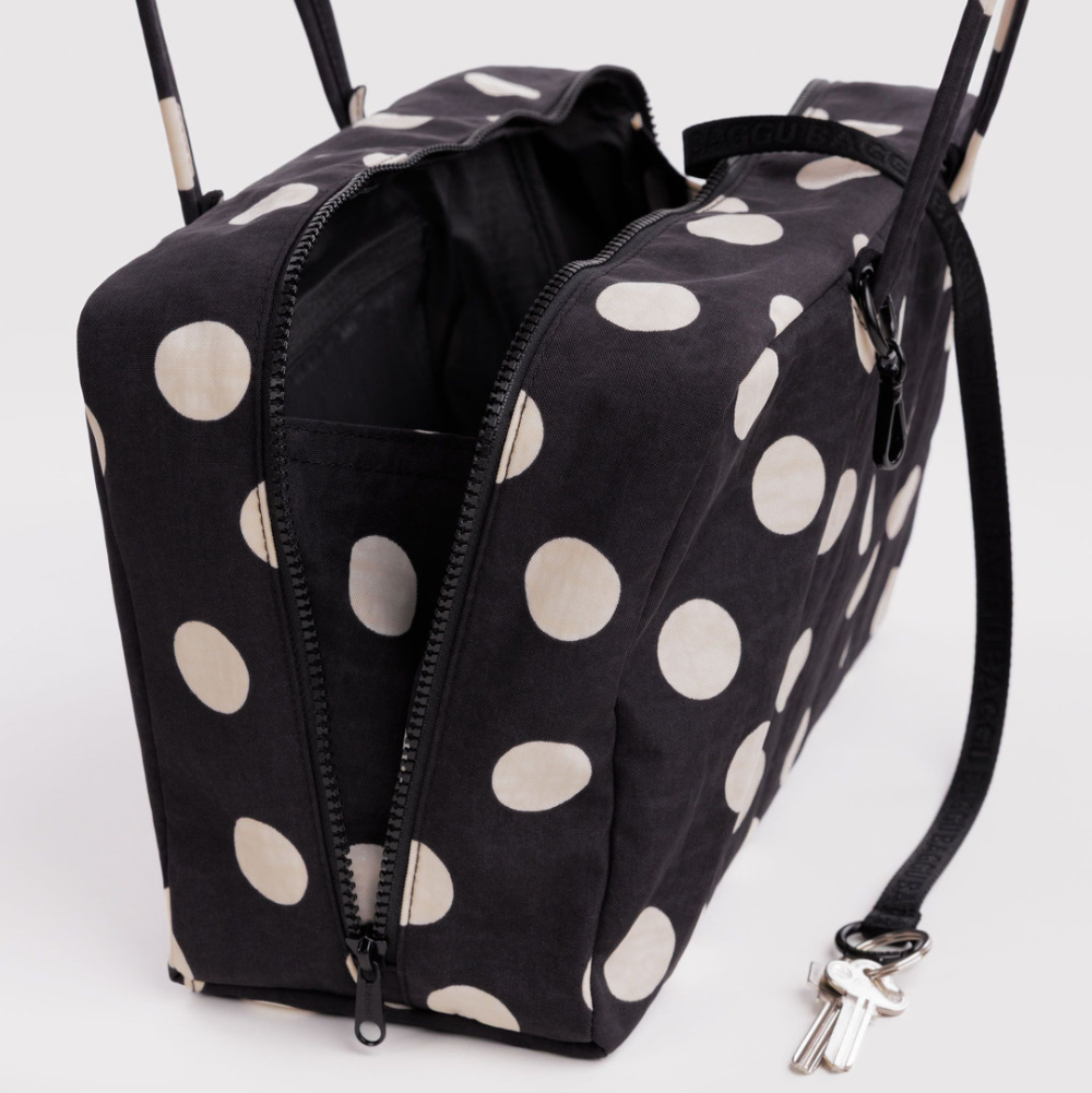 Baggu Medium Nylon Bowler Bag Black and Cream Polka Dot