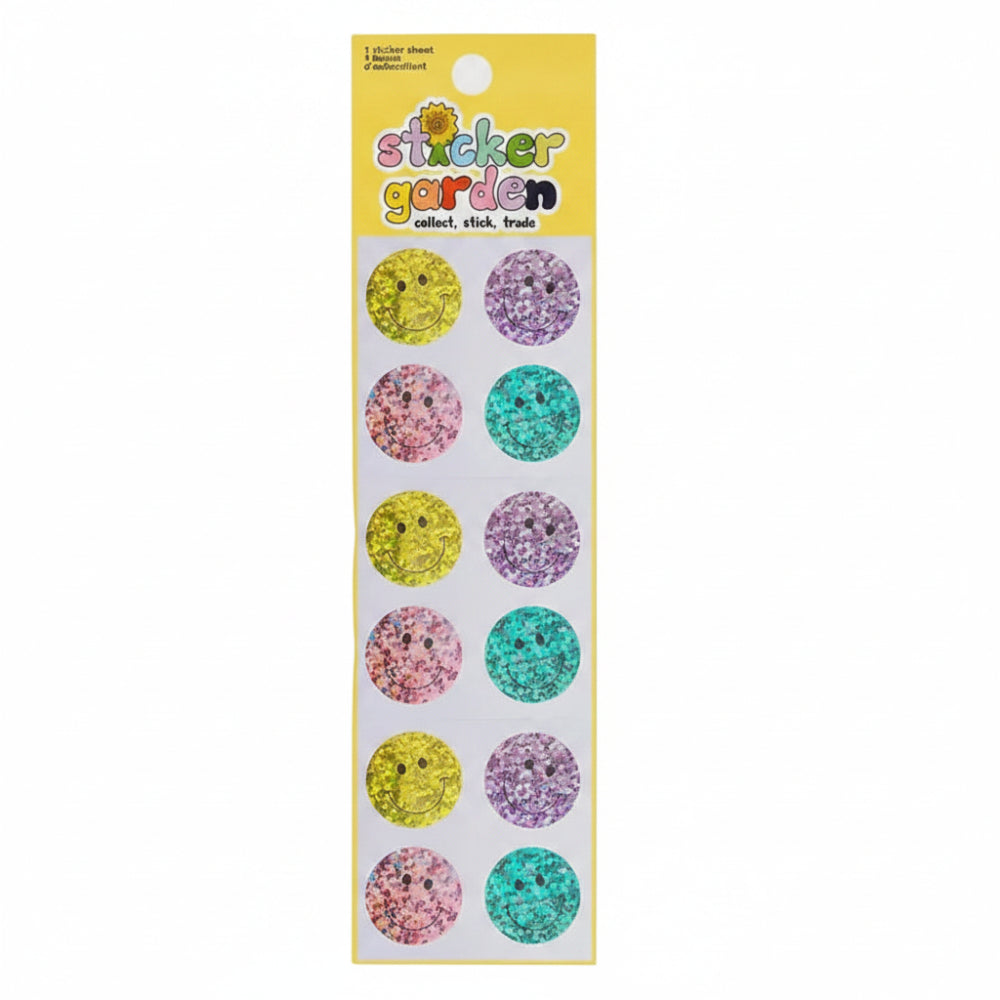 Packaged sticker sheet with smiley face stickers by Sticker Garden on a white background