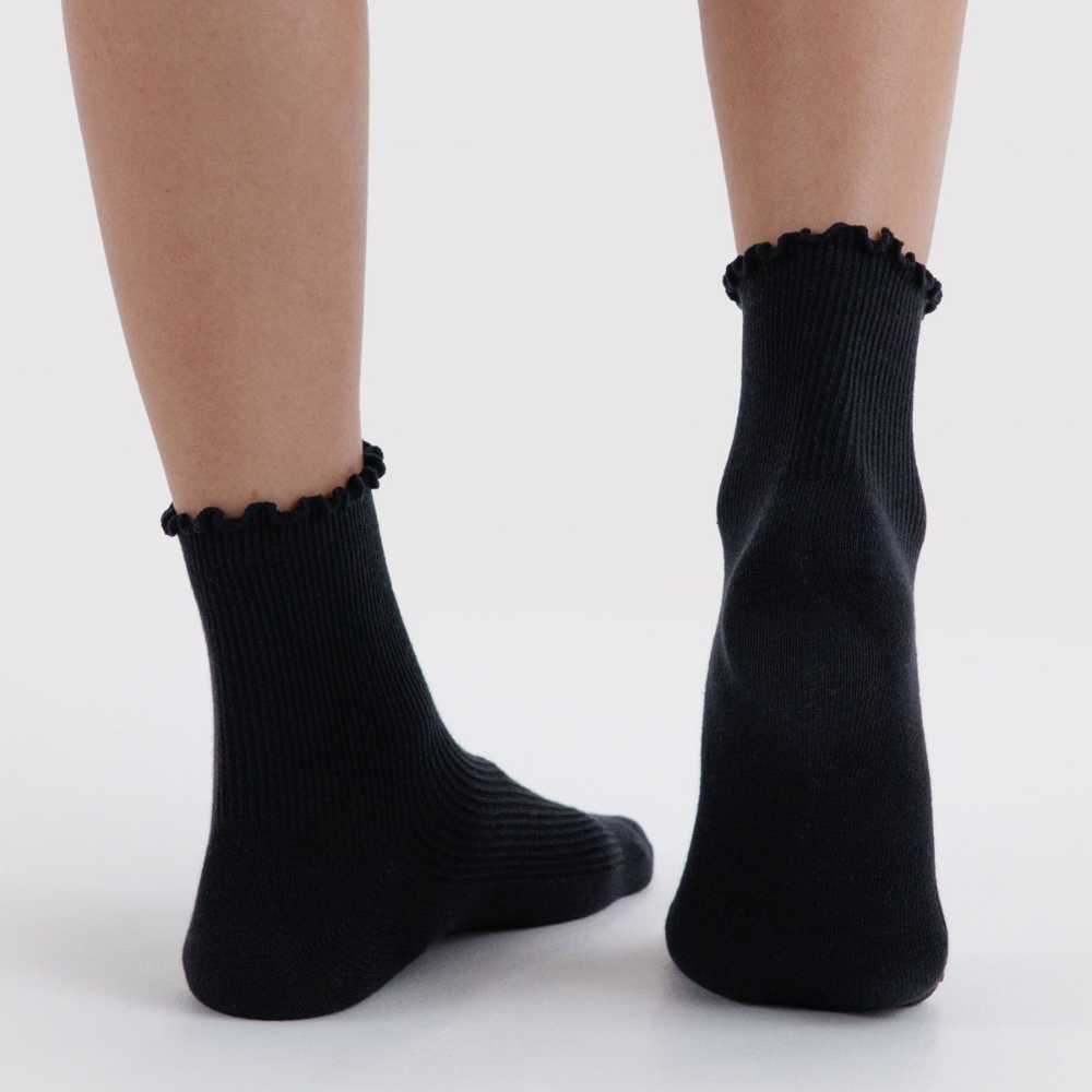Black socks with ruffled top worn by a person Baggu Socks