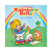 Front cover of the Rainbow Brite 2027 Calendar, featuring colorful cartoon artwork with a rainbow, stars, a girl, a hedgehog, and a mouse on a green hill under a blue sky.
