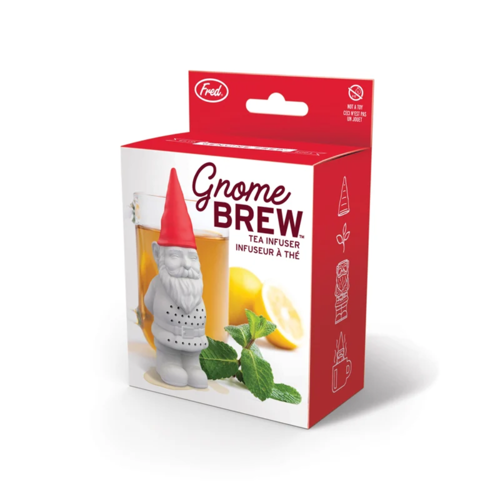 Gnome Brew tea infuser packaging with a red and white design on a white background