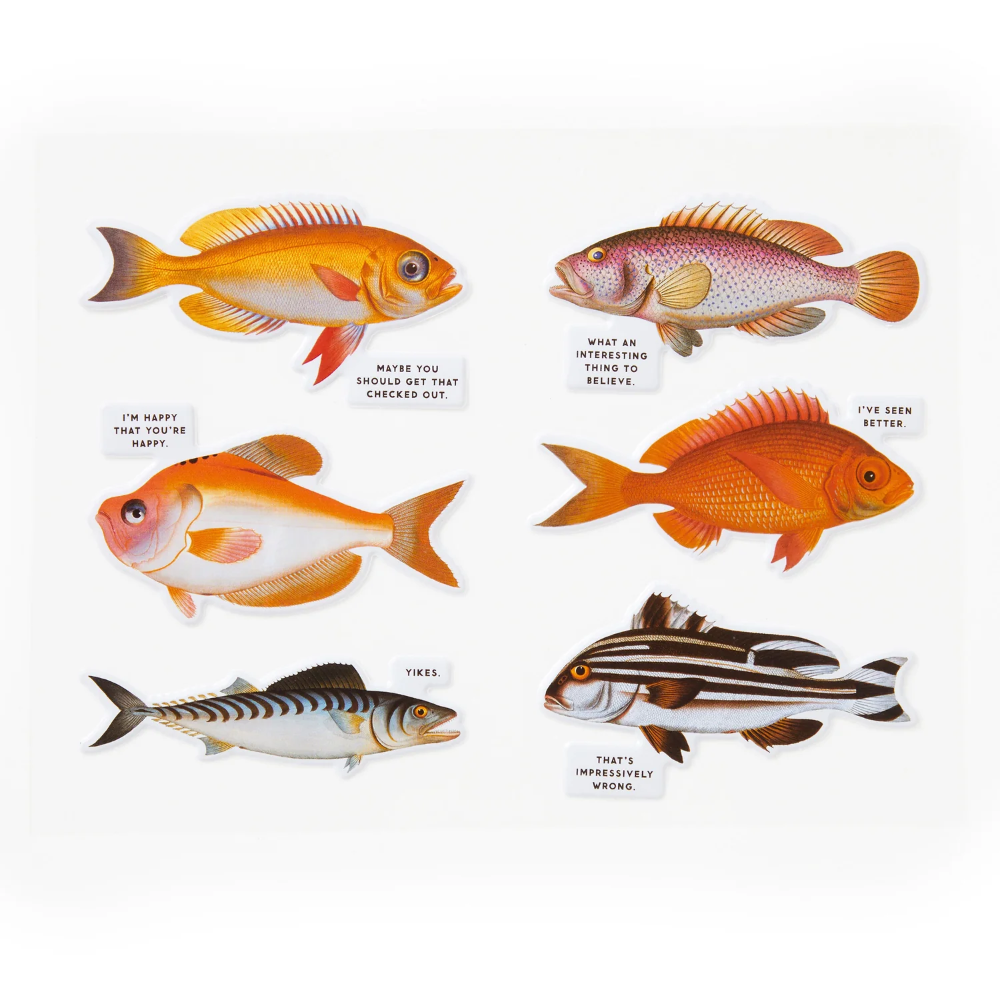 Illustrations of fish with text bubbles on a white background