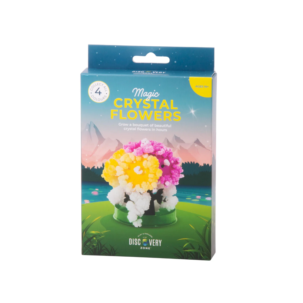 Magic Crystal Flowers kit by Discovery Zone in its retail packaging, featuring a colorful box with an illustration of three crystal flowers in yellow, pink, and white.