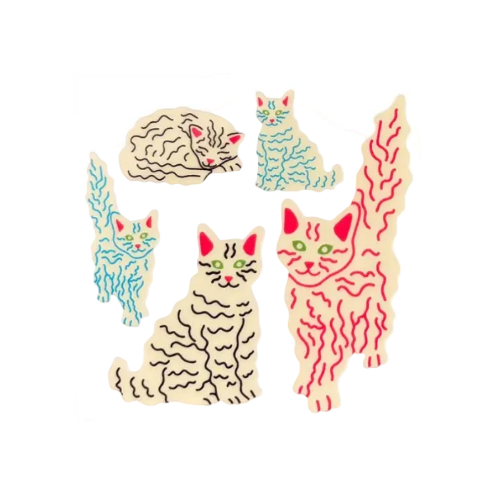 Five \ cat-shaped stickers with different fur patterns and colors, including black wavy lines, blue wavy lines, and red wavy lines, on a plain white background.
