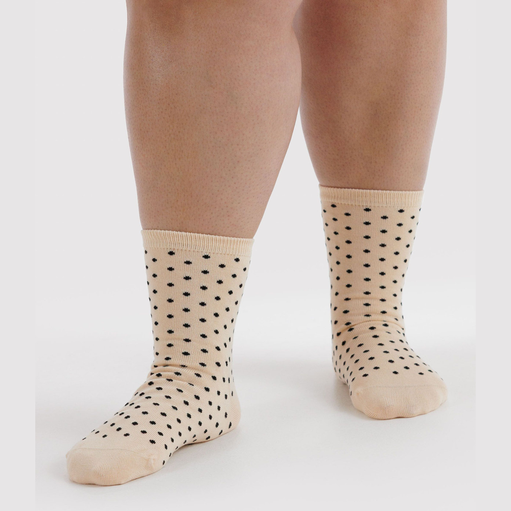 Baggu Crew Socks Micro Cream and Black Polka Dot