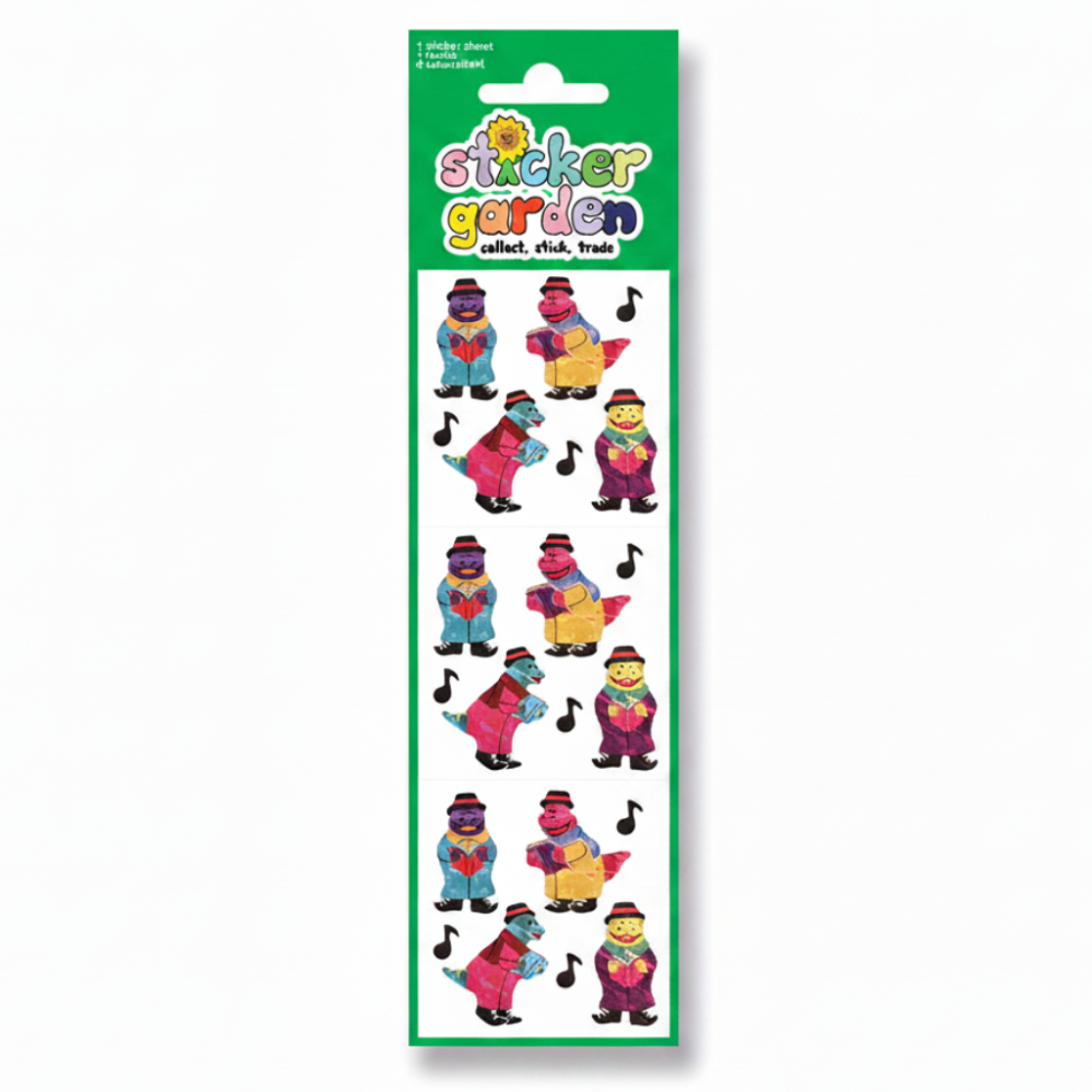 Sticker garden collectible sticker set featuring colorful dinosaur and character stickers with musical notes, shown both on the green retail packaging and as loose stickers on a white background.