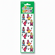 Sticker garden collectible sticker set featuring colorful dinosaur and character stickers with musical notes, shown both on the green retail packaging and as loose stickers on a white background.