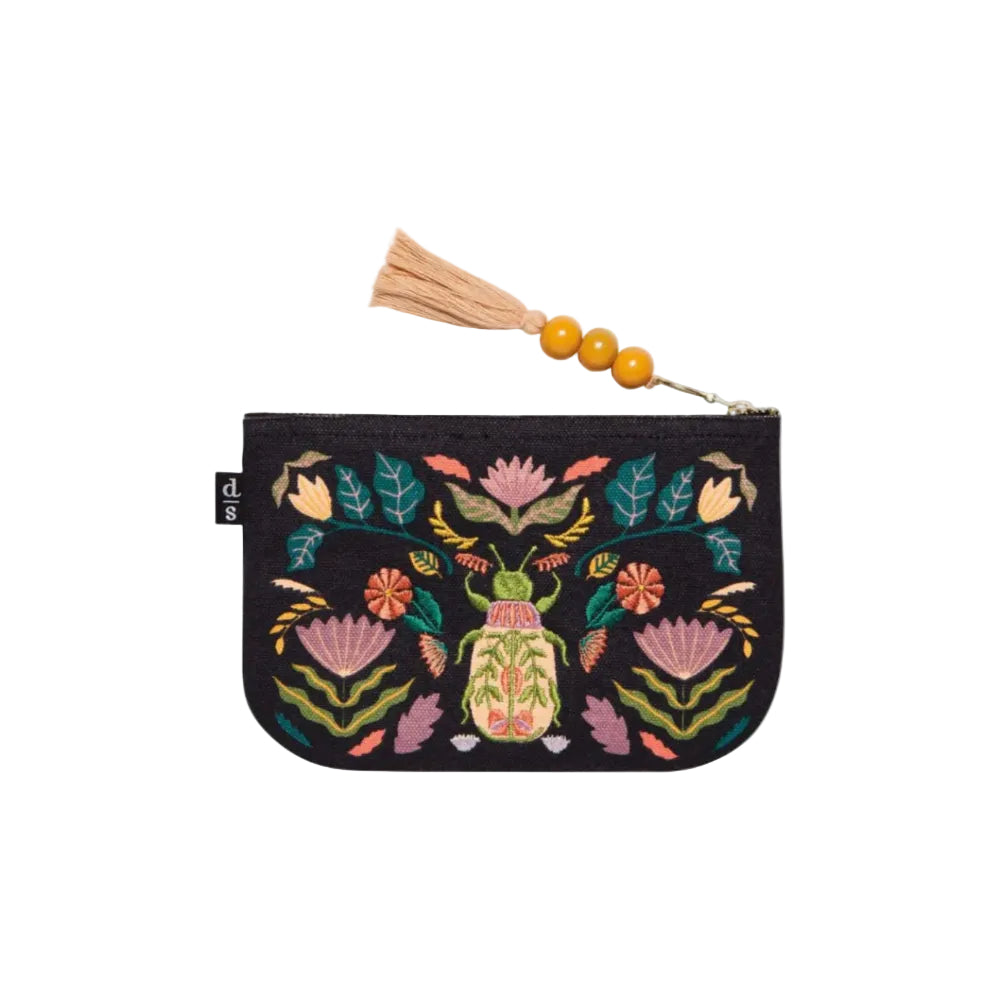 Embroidered pouch with floral and insect design on a black background, featuring a tassel and beads.