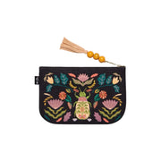 Embroidered pouch with floral and insect design on a black background, featuring a tassel and beads.