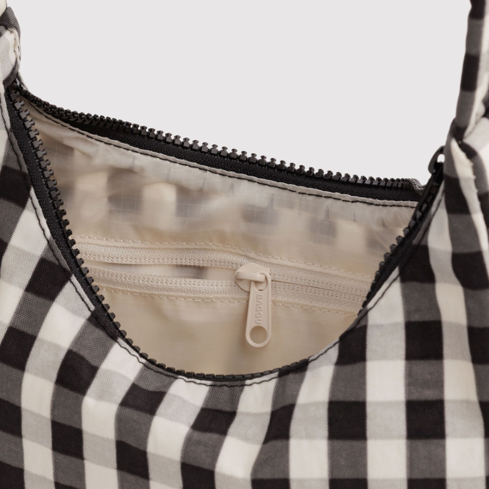 Baggu Mini Nylon Shoulder Bag Black and Cream Gingham