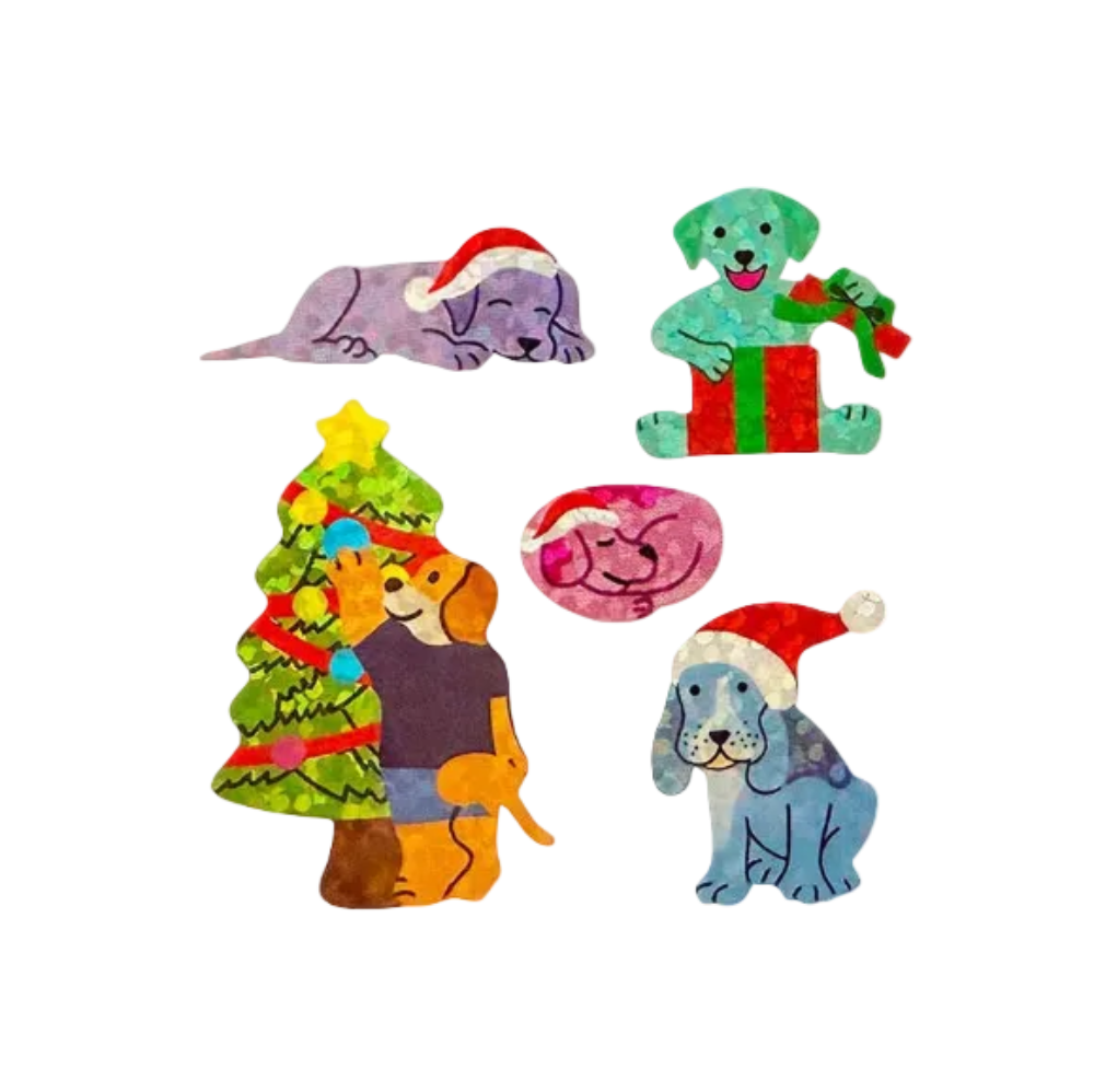 A set of five colorful Christmas-themed dog illustrations with a textured, patchwork fabric-like appearance, featuring dogs in Santa hats, a dog with a gift, a dog by a decorated Christmas tree, a pink dog face, and a blue dog, all on a plain white background.