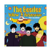The Beatles Yellow Submarine 2027 Calendar cover art featuring illustrated band members John Lennon, Paul McCartney, George Harrison, and Ringo Starr with the yellow submarine on a bright blue background.
