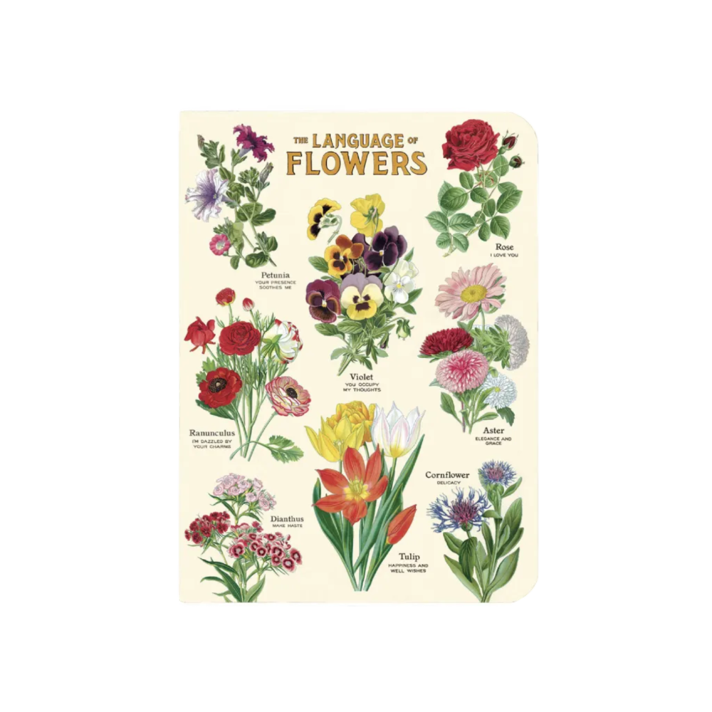 A vintage-style illustrated notebook cover titled 'THE LANGUAGE OF FLOWERS' featuring multiple colorful flower drawings with labels, including rose, petunia, violet, ranunculus, asters, tulip, cornflower, and diahthus, on an off-white background.