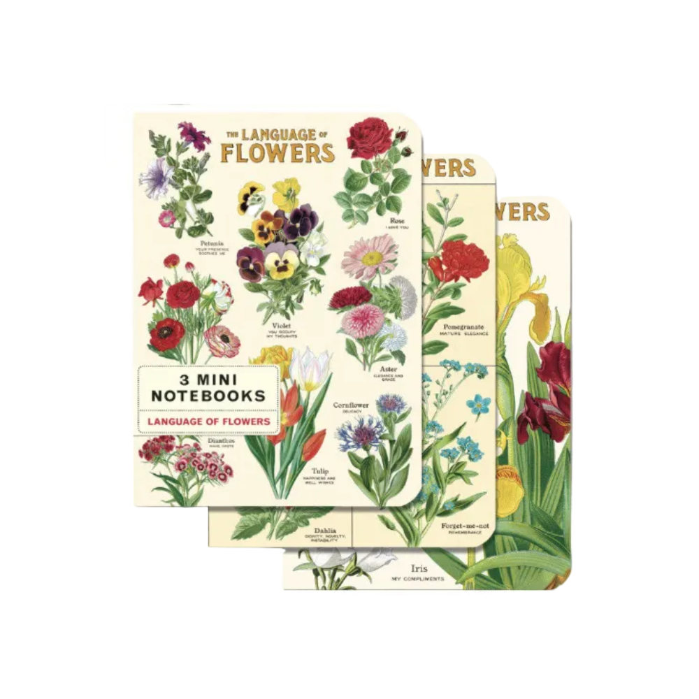 Three mini notebooks titled 'The Language of Flowers' fanned out, featuring vintage botanical illustrations of various flowers on a cream background.