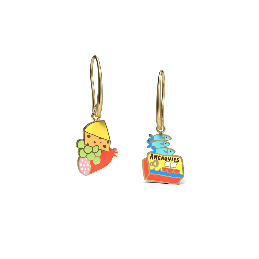 Yellow Owl Hanging Earrings Cheese and Fish