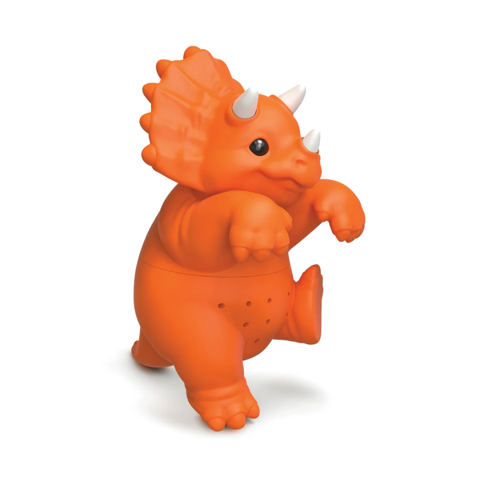 Orange dinosaur-shaped tea infuser on a white background