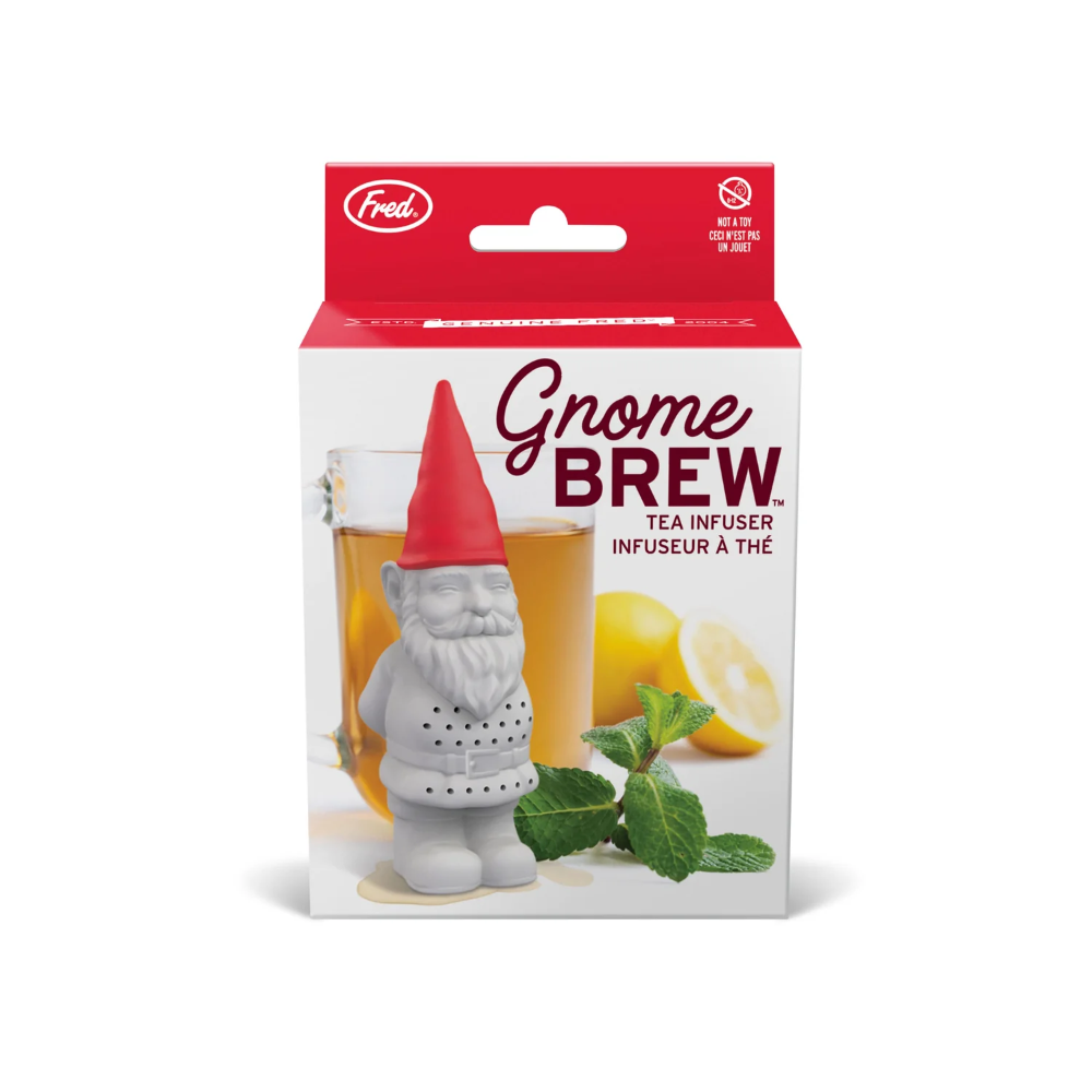 A boxed tea infuser product on a plain white background. The package is white with a red top panel and front text reading 'Gnome BREW' and 'TEA INFUSEUR / INFUSEUR À THÉ'.