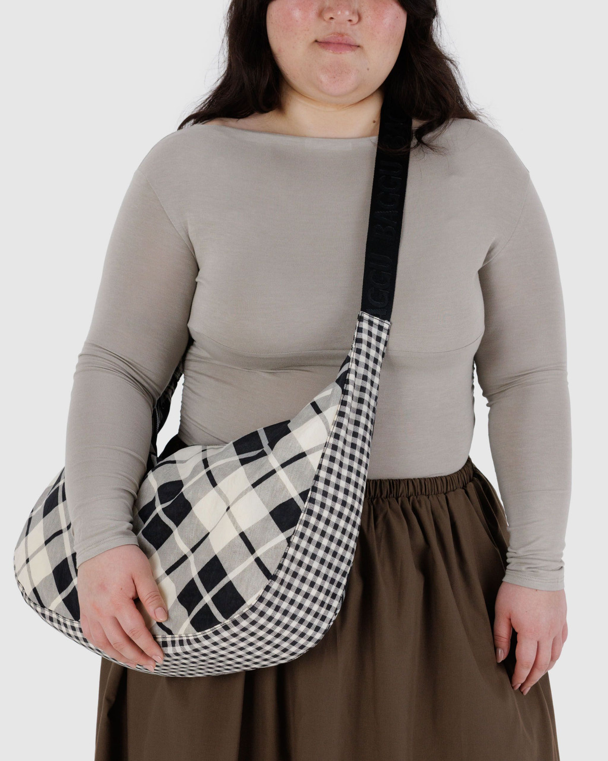 Baggu Large Nylon Crescent Bag Mixed Plaid