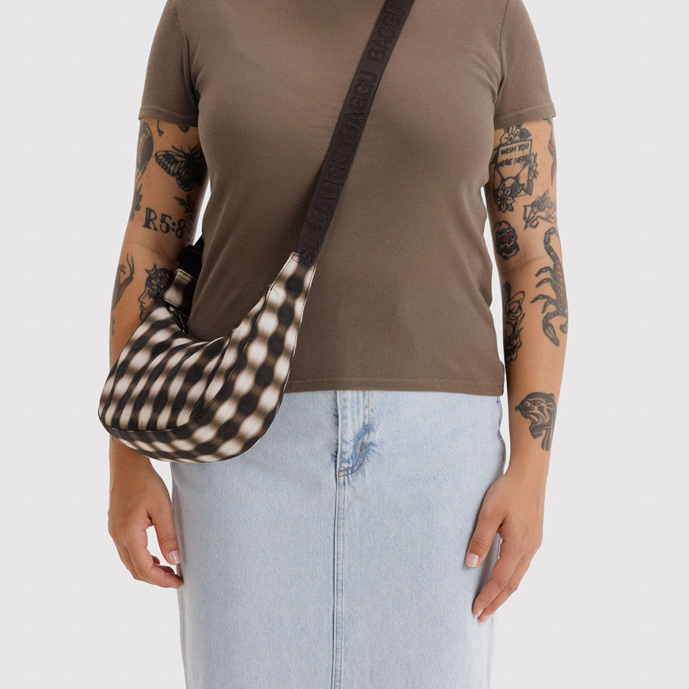 Baggu Small Nylon Crescent Bag Blurred Gingham Brown