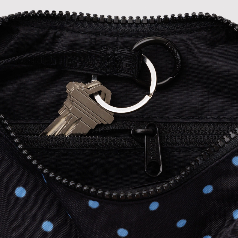 Baggu Small Nylon Crescent Bag Black and Sky Blue Micro Dot