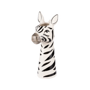A zebra head ceramic planter with black and white stripes and a gray snout, shown on a plain white background.
