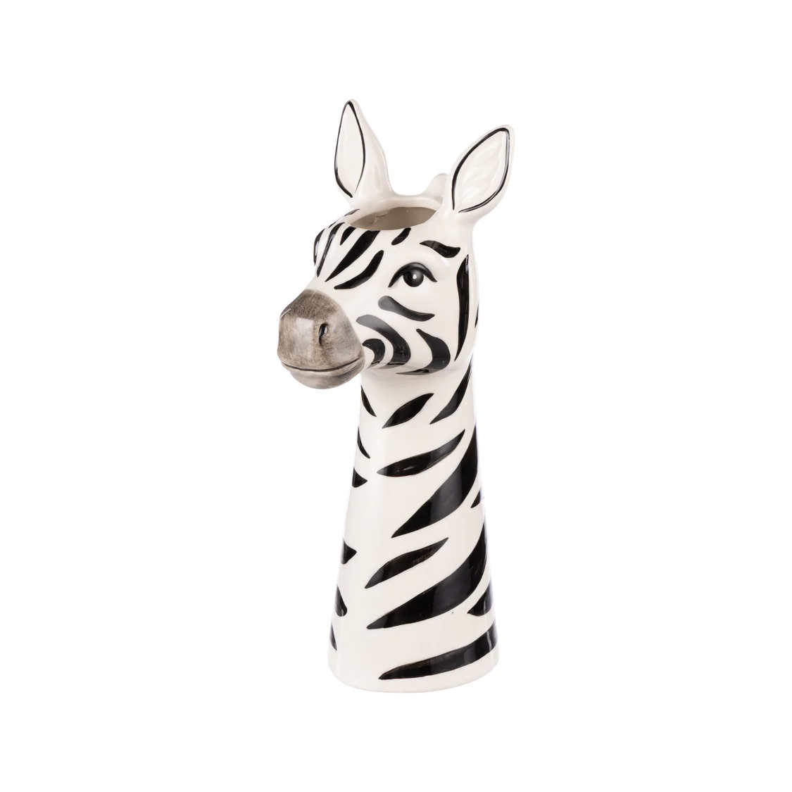 A zebra head ceramic planter with black and white stripes and a gray snout, shown on a plain white background.