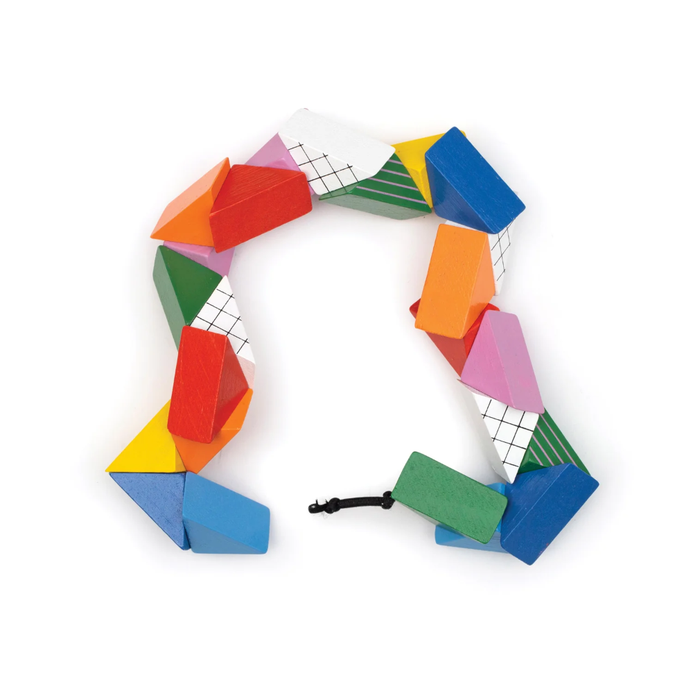 Colorful geometric wooden puzzle on a white background