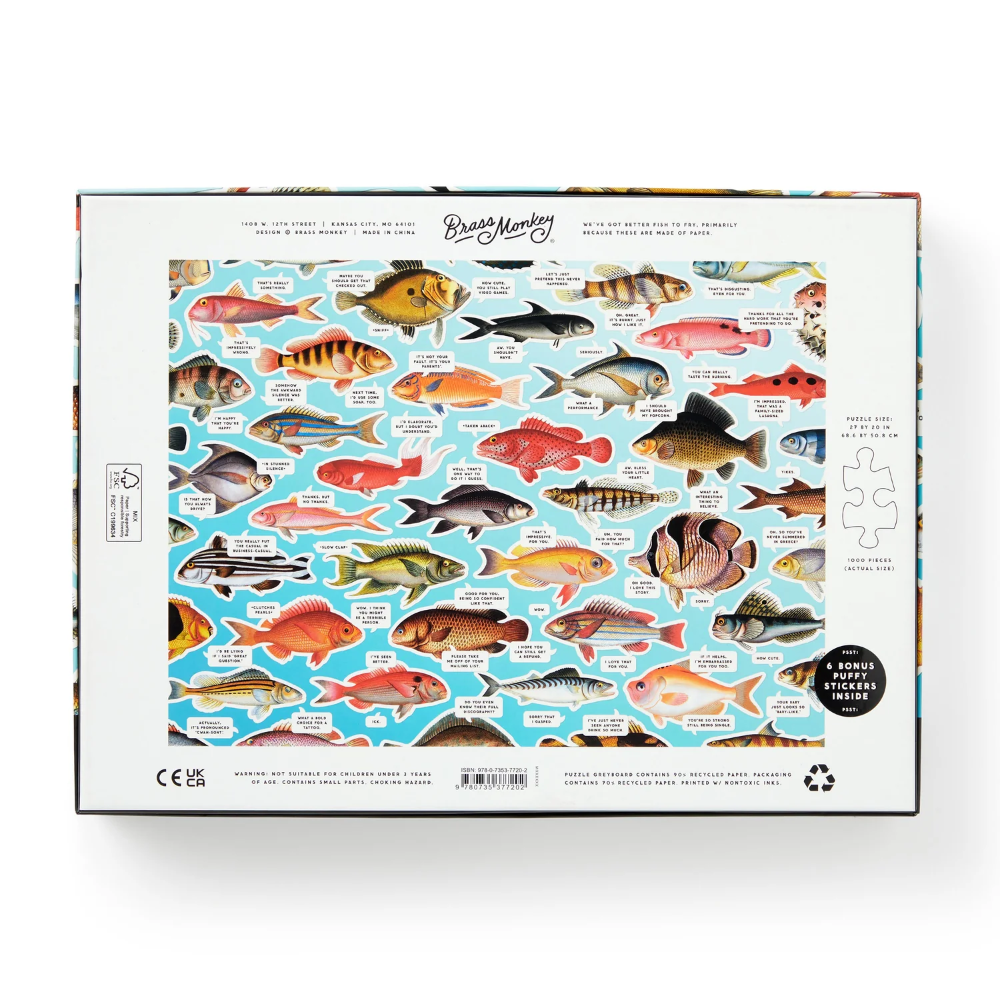 Box of a fishing-themed puzzle with colorful fish illustrations on a white background