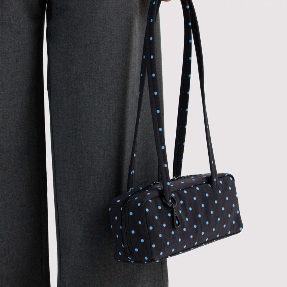 Baggu Small Nylon Bowler Bag Black and Sky Blue Micro Dot