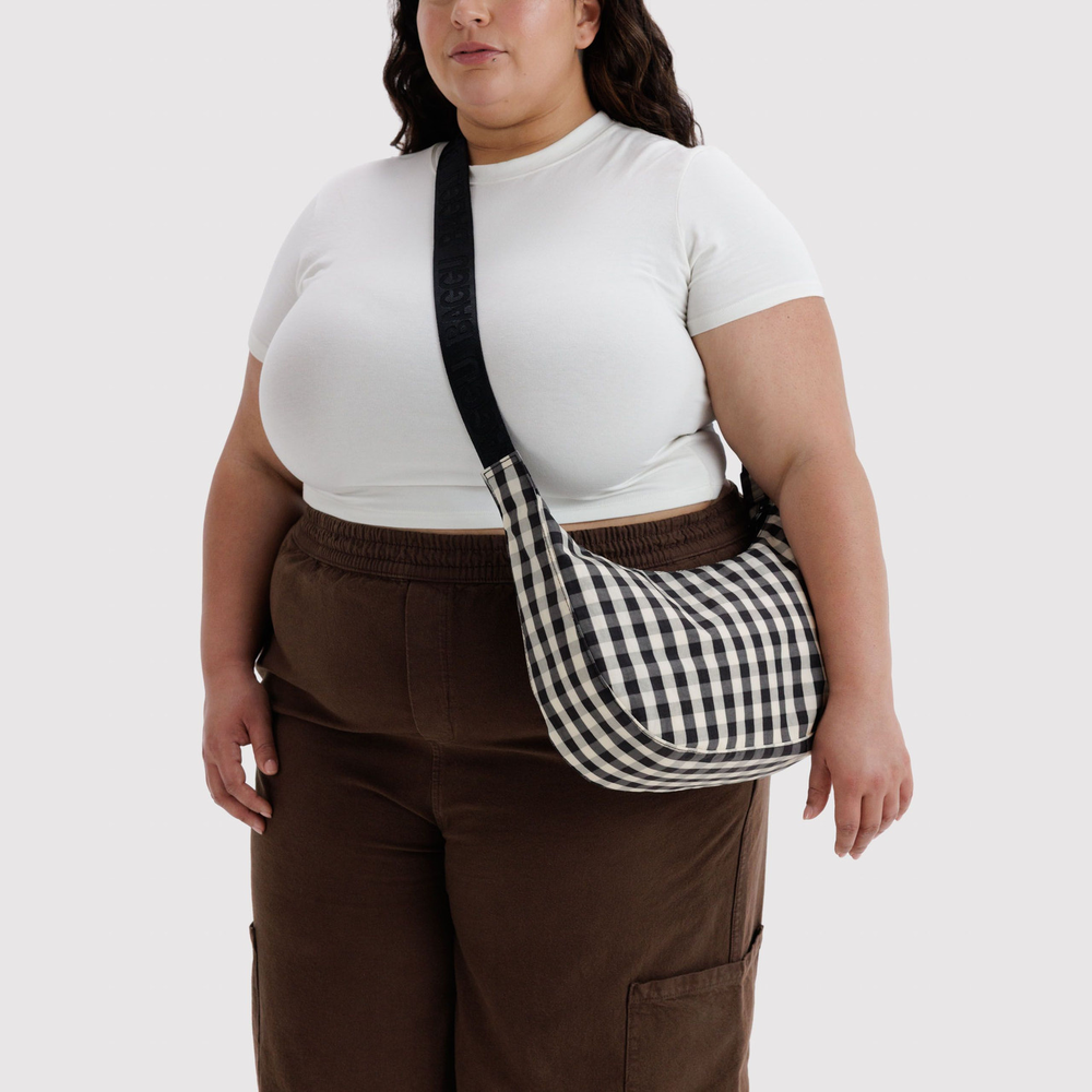Baggu Medium Nylon Crescent Bag Black and Cream Gingham