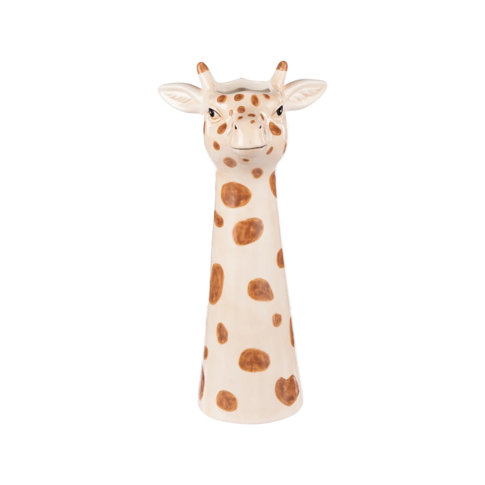 A ceramic giraffe-shaped vase with a cream-colored body and brown spots, photographed against a solid white background.