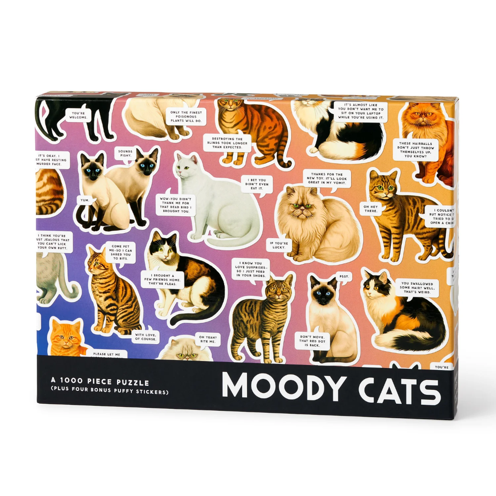 Box of 'Moody Cats' puzzle with cat illustrations on a white background