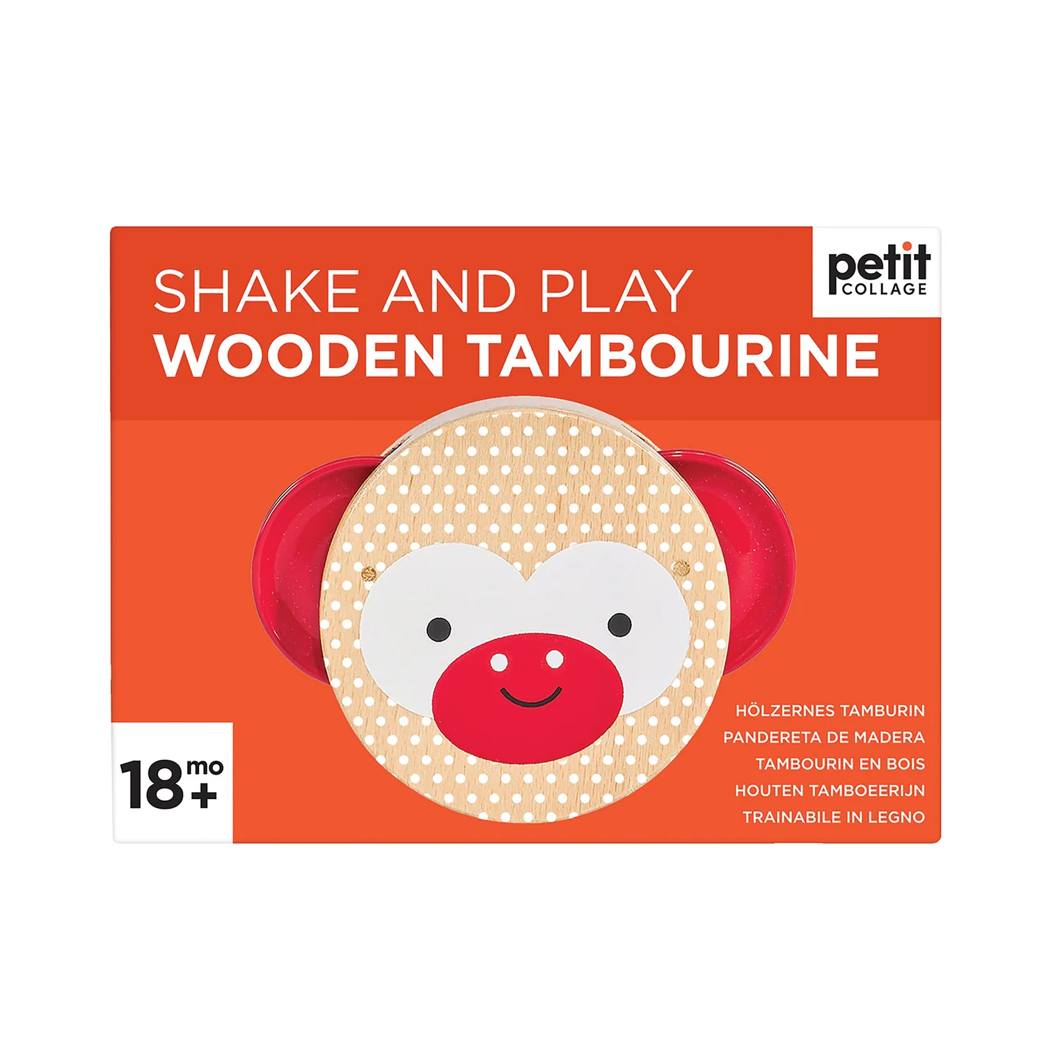 Petit Collage wooden tambourine in its retail packaging, featuring a bright orange box with a photo of the wooden monkey-shaped tambourine.