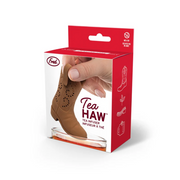 Tea infuser packaging with a hand holding it, on a white background