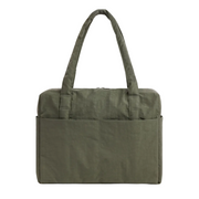 An olive green linen tote bag with dual top handles and a front slip pocket, shown against a light gray background.