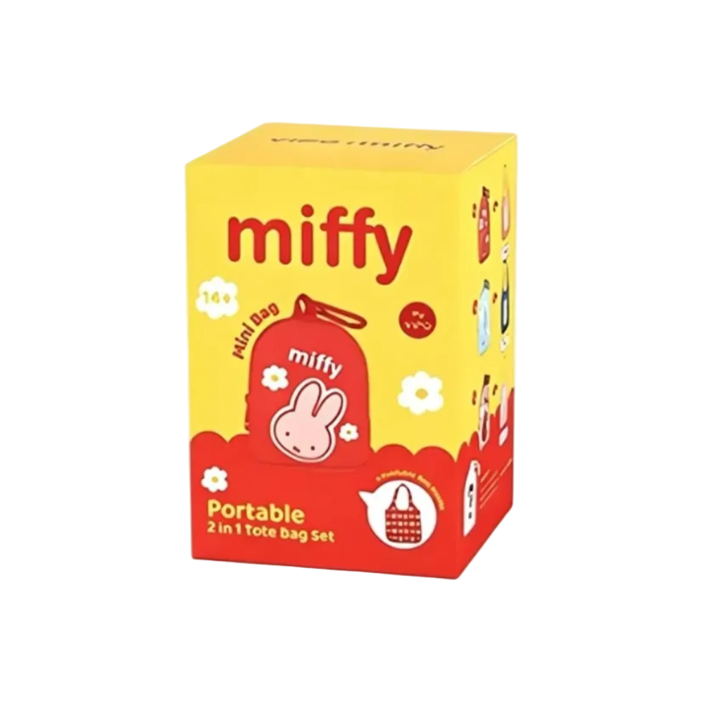A yellow and red Miffy branded box for a portable 2-in-1 tote bag set, shown on a plain white background. The packaging features the Miffy bunny logo and illustrations, with a small 'Whoopea' watermark in the top right corner.