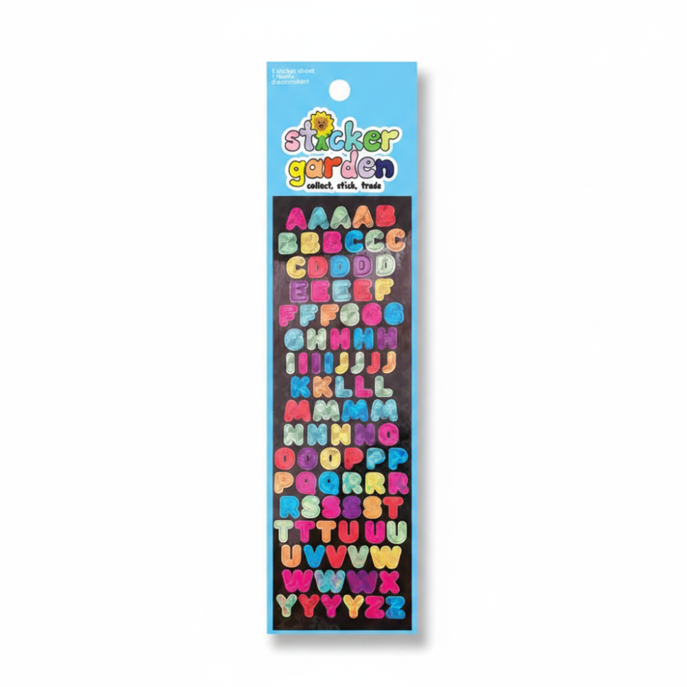 Sticker Garden collect stick train prism letters sticker sheet on a white background with 'PRISM LETTERS' text.