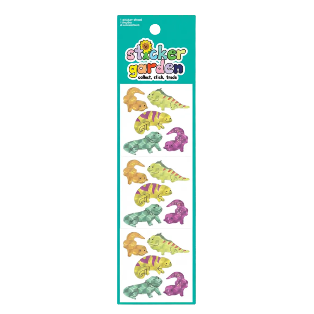 Sticker pack featuring colorful geometric lizard and dinosaur stickers, shown both on the retail card packaging and as loose stickers on a white background.