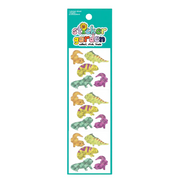 Sticker pack featuring colorful geometric lizard and dinosaur stickers, shown both on the retail card packaging and as loose stickers on a white background.