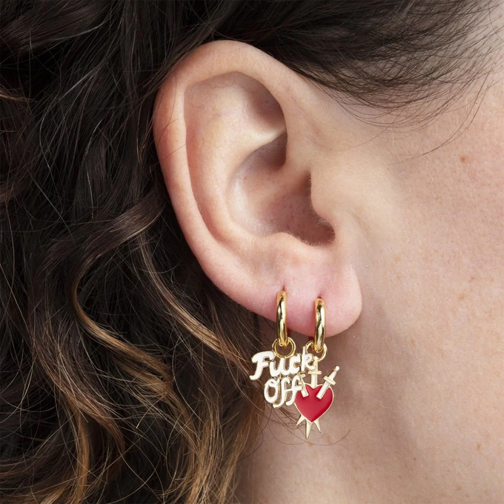 Yellow Owl Hoop Earrings Fuck off and Heart