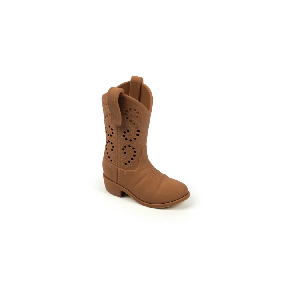 A single tan faux-leather western-style boot with decorative laser-cutout patterns on the shaft, shown from a three-quarter angle on a white background.