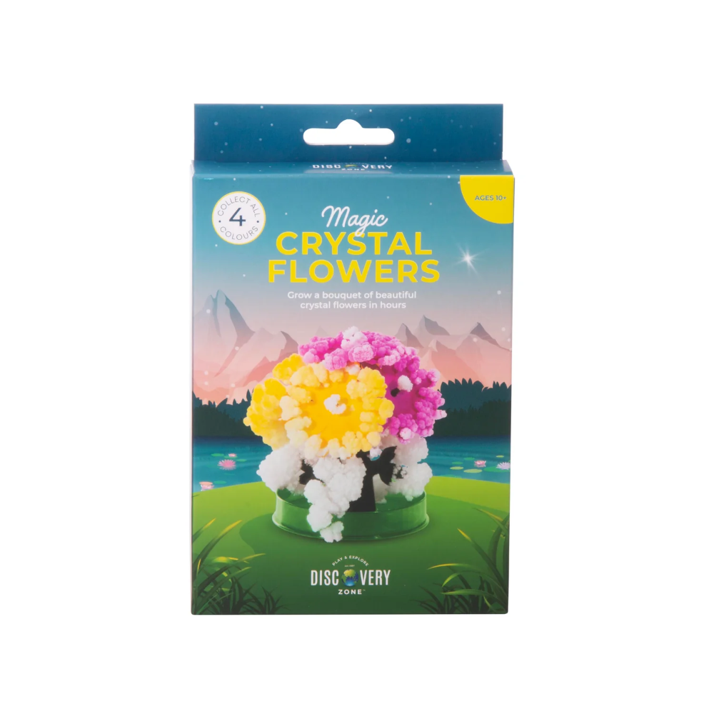 Packaging of Magic Crystal Flowers with colorful flowers on a scenic background