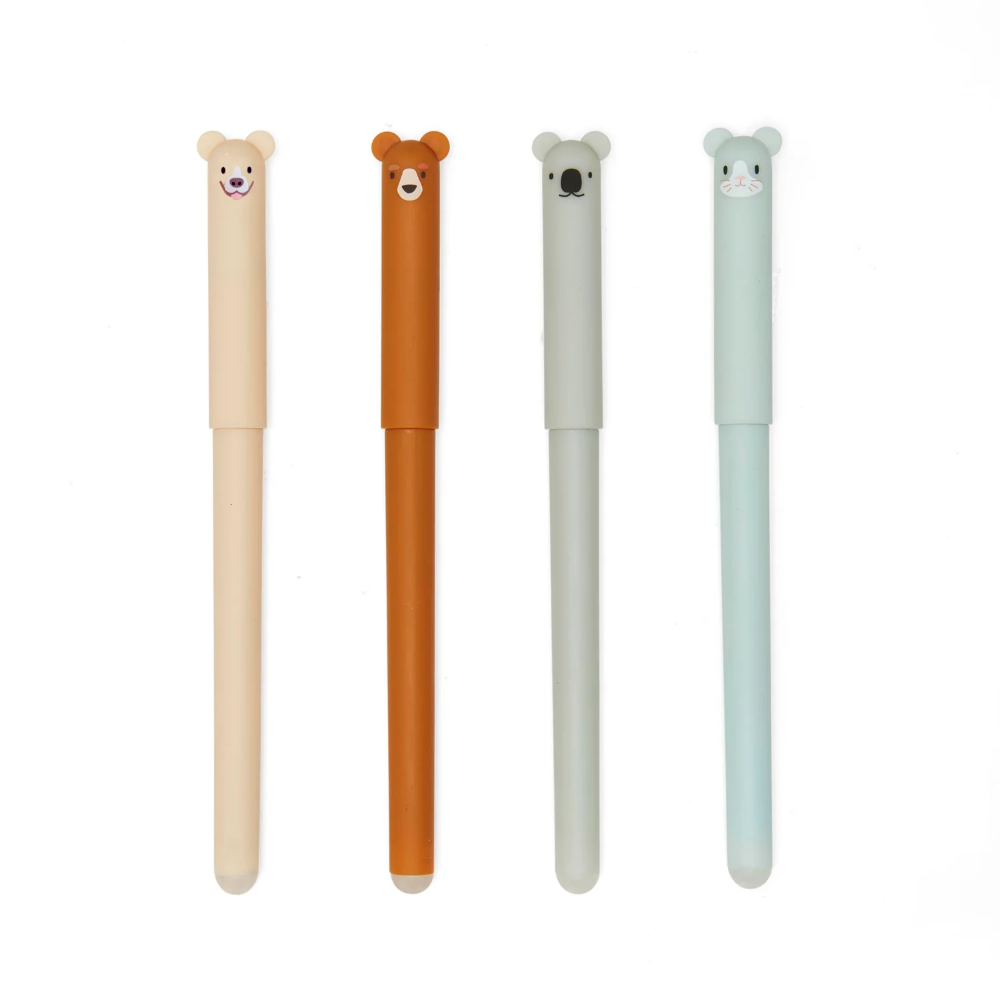 Four animal-themed ballpoint pens with bear and koala designs, shown in beige, brown, light gray, and pale blue on a white background.