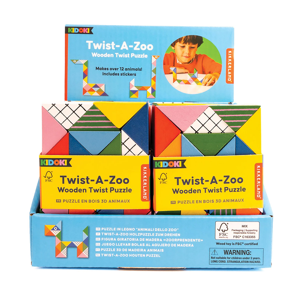 A retail display box filled with four Kidok° brand Twist-A-Zoo Wooden Twist Puzzles, each in its own colored box, on a white background.