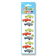 A sticker sheet from Sticker Garden featuring cartoon pickup trucks in red, blue, and light green, along with small frog stickers, on a light blue backing card.