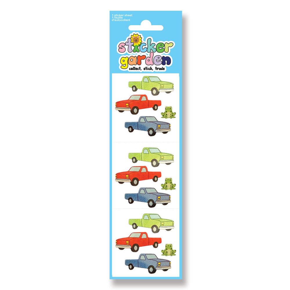 A sticker sheet from Sticker Garden featuring cartoon pickup trucks in red, blue, and light green, along with small frog stickers, on a light blue backing card.
