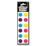 A package of 'Sticker Garden' glow-in-the-dark smiley face stickers. The product features a black header card with colorful branding and a white backing holding ten circular stickers in alternating bright colors: blue, yellow, purple, and pink.
