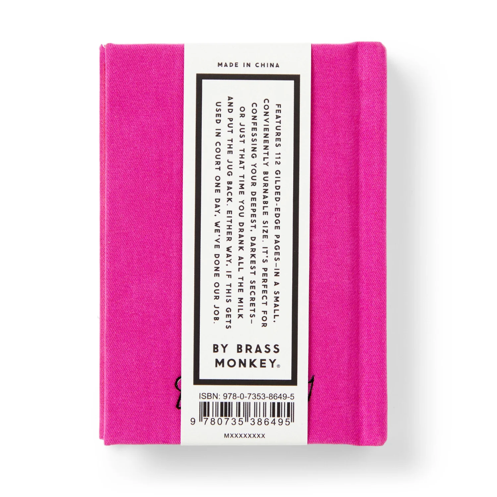 A bright pink brass monkey gift set box with a white paper label on a clean white background. The label features black text detailing the contents, including 112 glued rods and a darkest recipe book.